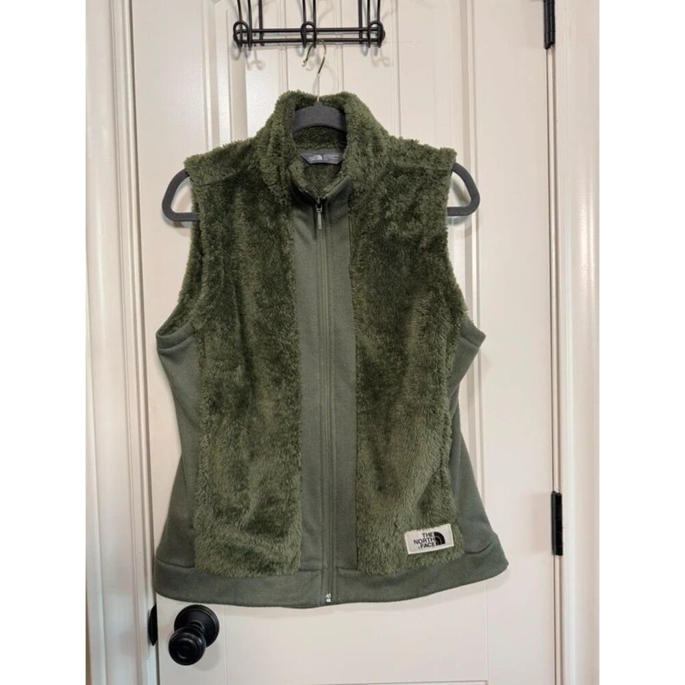 The North Face Furry Fleece Vest Mock Neck Full Zip Pockets Green Womens Medium